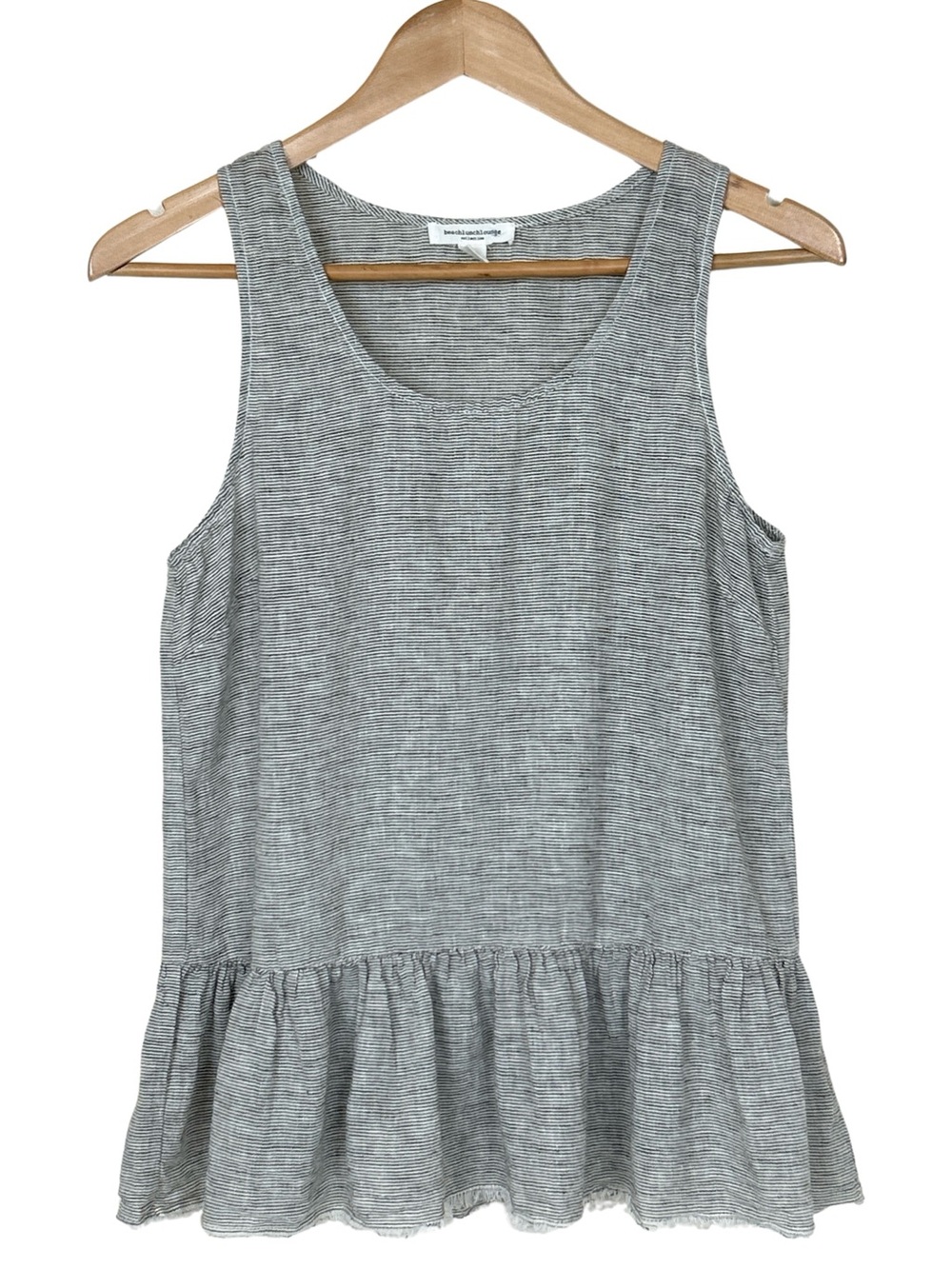 beachlunchlounge Peplum Linen Cotton Blend Striped Tank Top - S - Black, White
